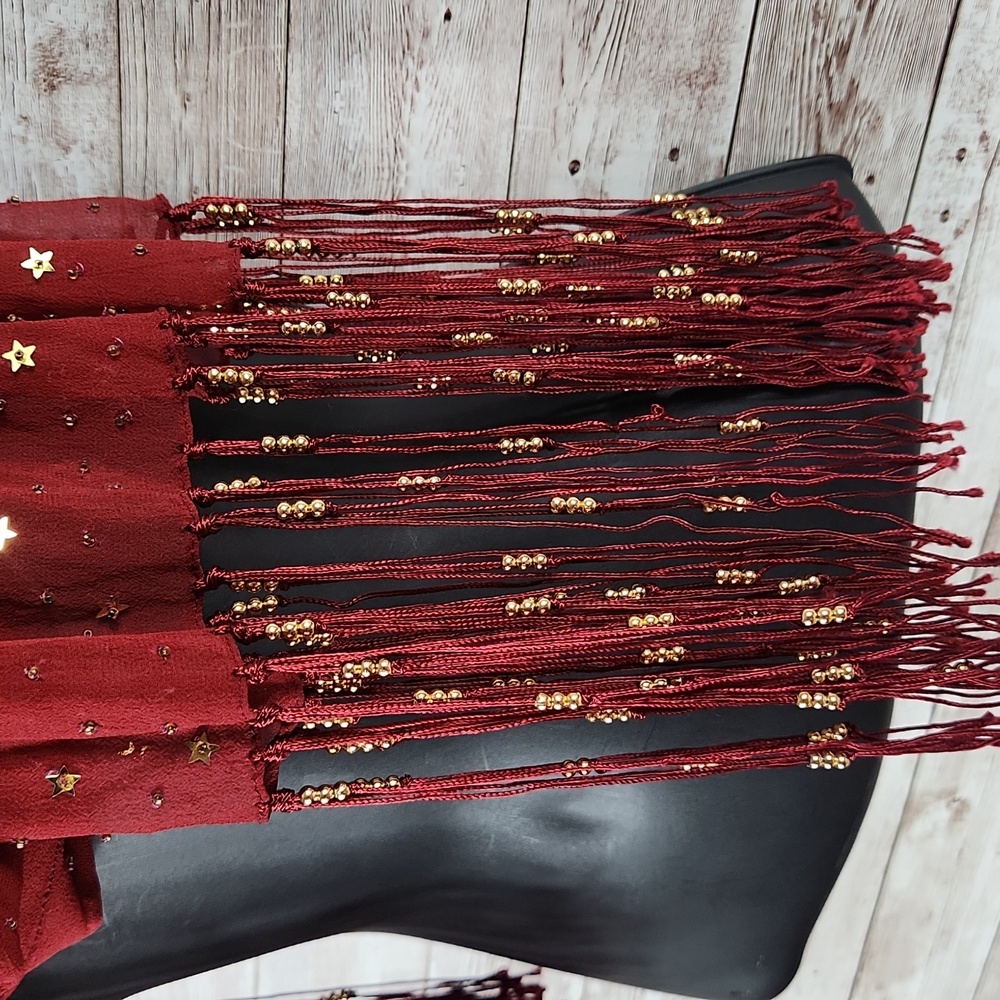 Fashion Scarf, Red with gold hardware and fringes, 70" long. - Picture 3 of 6